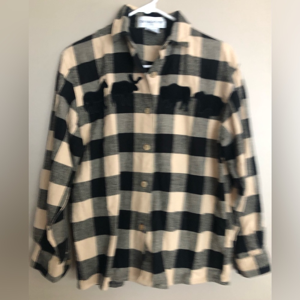 EAGLE EYE Sport Black & White Check Flannel Shirt w/ Appliq Bear Moose  Size S
